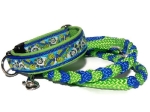 Halsband-Leinen-Set Iguanarama mit teilgeflochtener Hollandleine in neongrün-Electric Blue