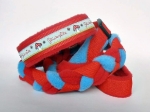 Agility-Zergelleine Glückspilz hellblau - Leinenteil aus hochwertigem Fleece (meerblau und rot) und Gurtband (rot) geflochten -  Halsung mit Borte Glückspilz hellblau versehen